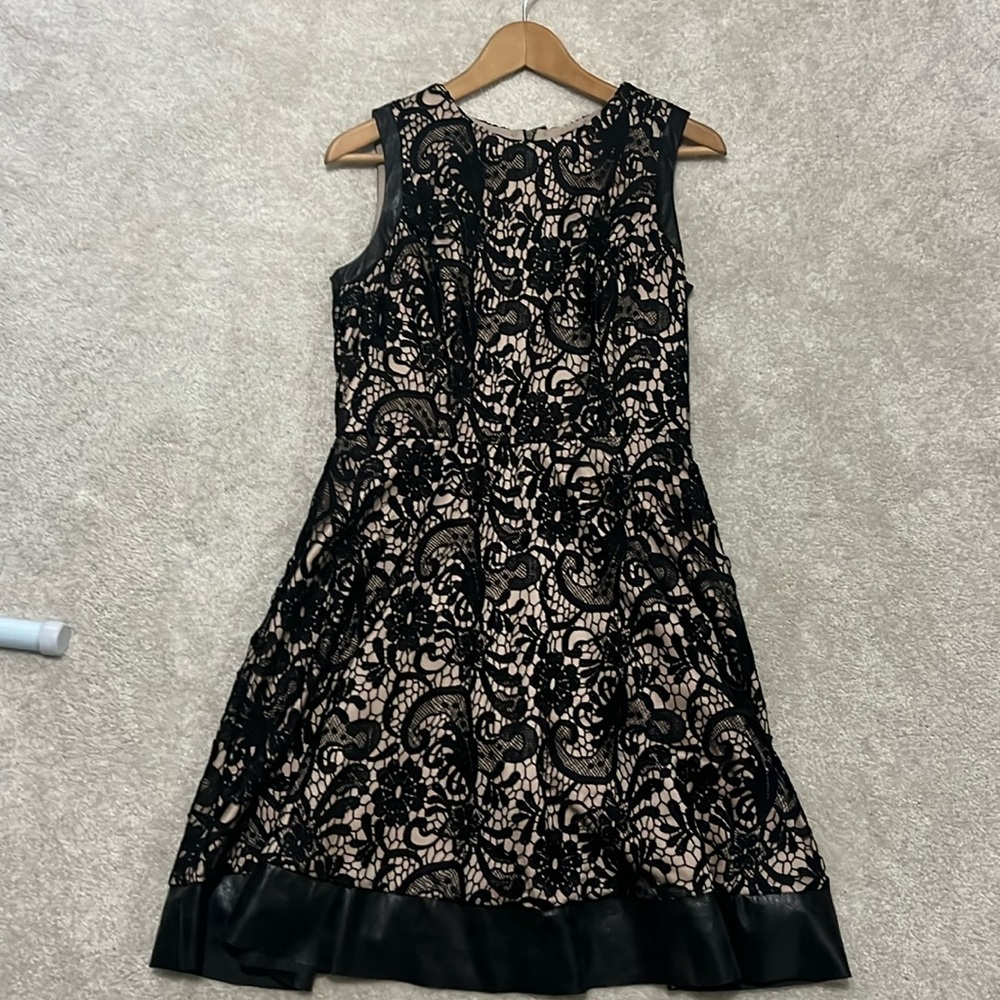 Jessica Simpson black lace lined dress with faux leather piping